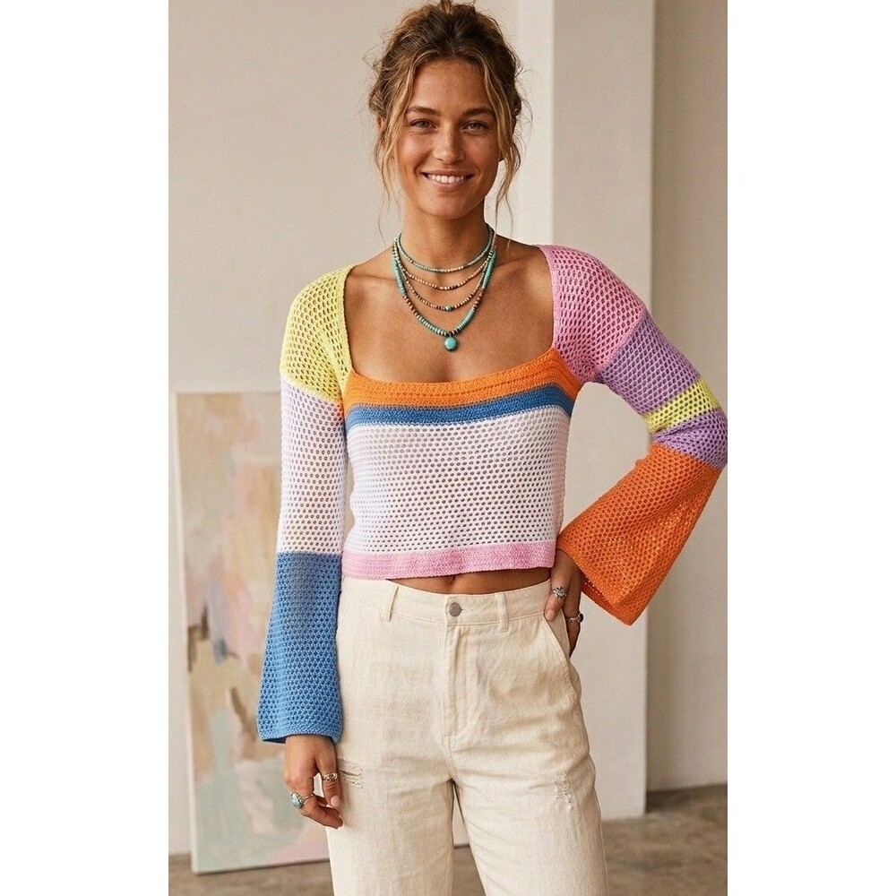 Bell Sleeve Crochet Crop Top M Square Neck Festival Boho Fun Cottage Artsy Gypsy